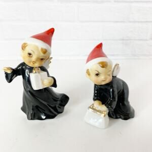 Vtg Christmas Japan Porcelain Black Gown Angel Figurine Set Of 2 Fairies Pixies